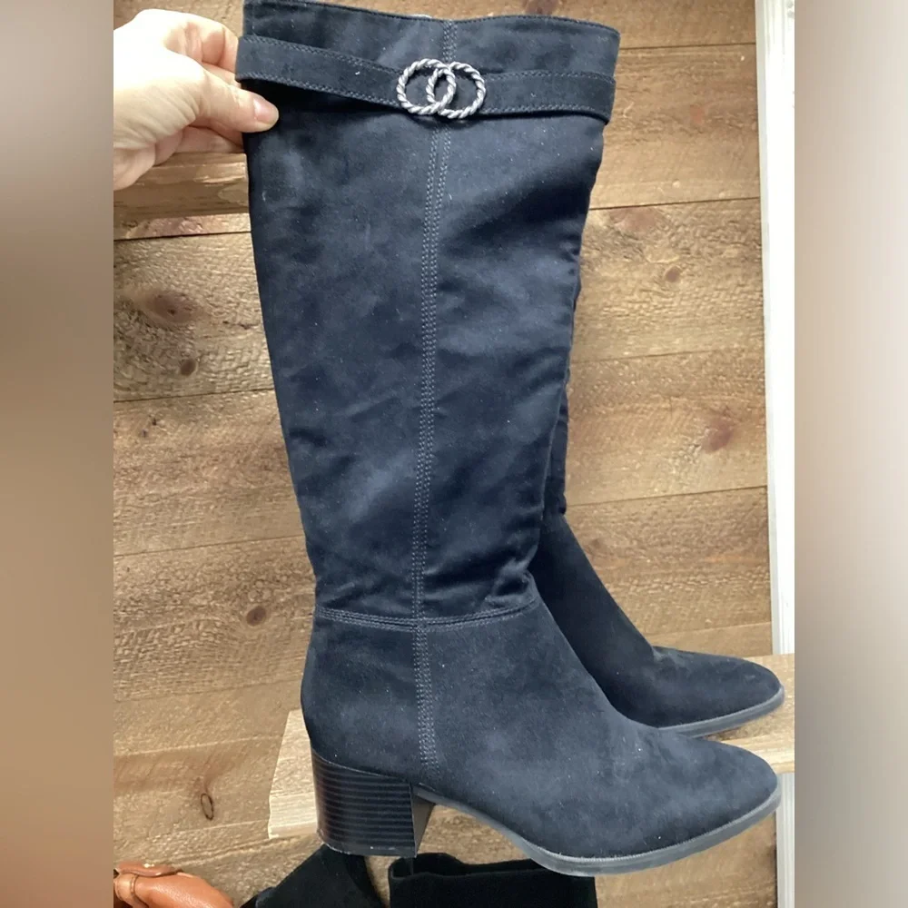 LifeStride Black Suede Knee-High Block Heel Boots | Size 7.5